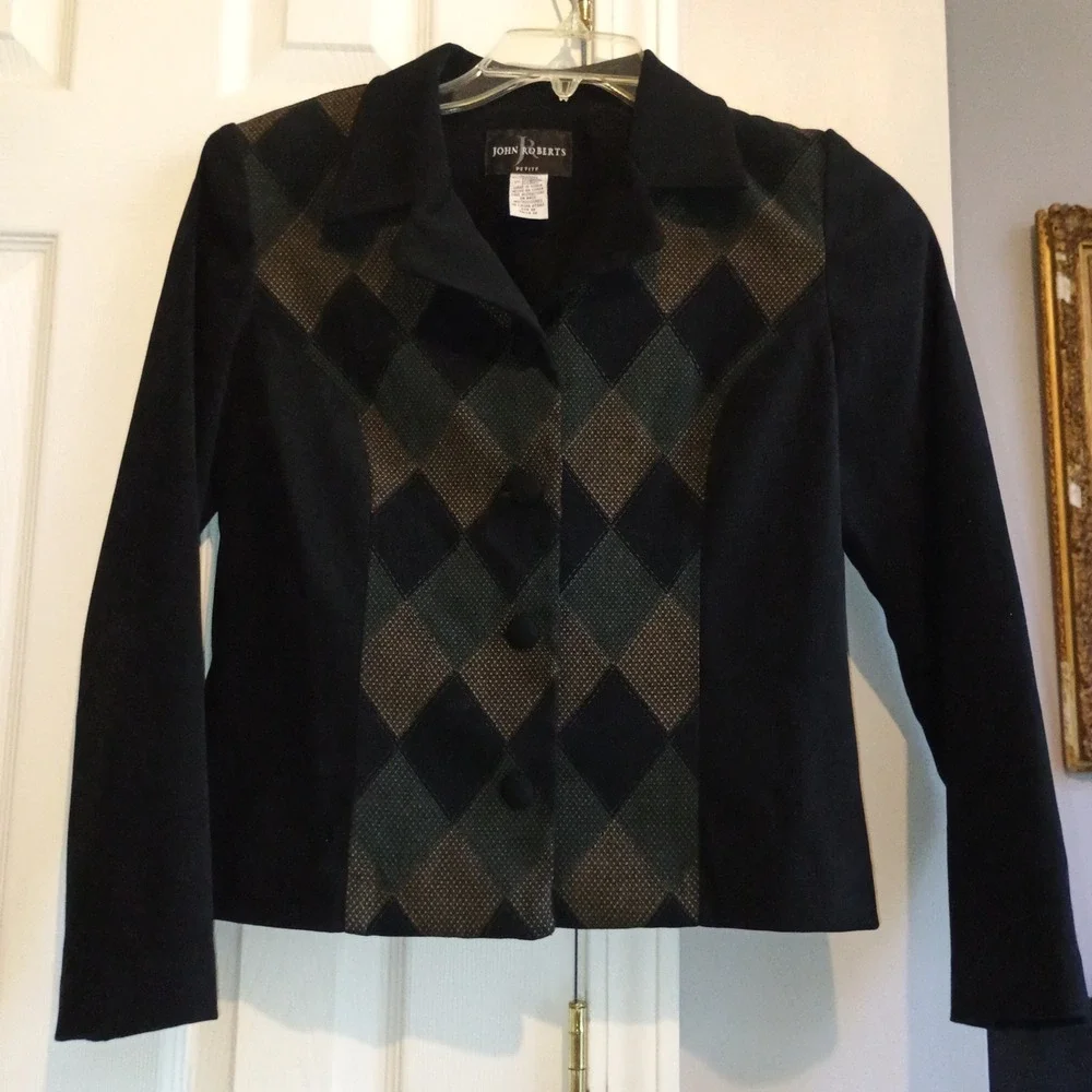 JOHN ROBERTS Petite 8P Vintage Argyle‎ Blazer Jacket Black Green Shoulder Pads - Picture 2 of 13